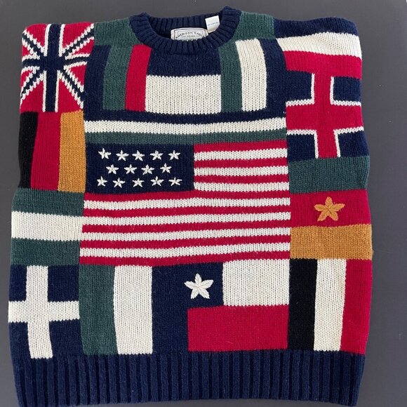 Vintage Y2K American Eagle Men Sweater Size XL 100% Wool Flag Patchwork Preppy - Picture 2 of 15